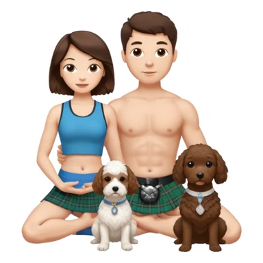 emoji of brunette man wearing kilt, brunette woman in yoga outfit and white cockapoo dog sticker