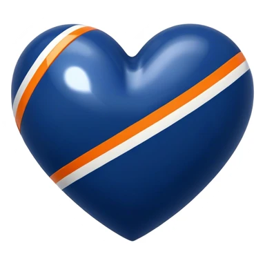 Glossy, sporty dark blue heart with diagonal white and orange athletic stripes going down one side sticker