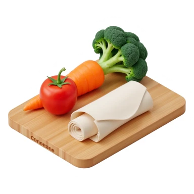 carrot tomato brocoli on the wooden cutting board with floating rolled paper list sticker