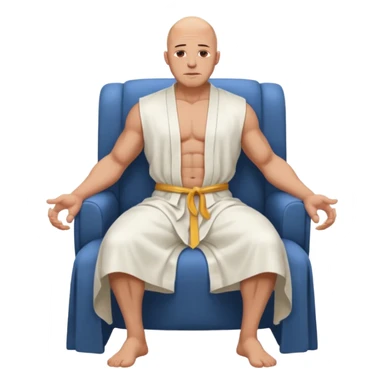 fullbody jacked bald guy, sleeveless and unbuttoned in full white robe sitting without chair and hands down sticker