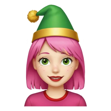 Create a girl with pink hair and green eyes with long eyelashes and a smiley face. She has freckles in her face and a lit of bit of lipstick on her mouth, she’s also got gold birthday hat on her head with gold pom poms on top of it, and her T-shirt is red sticker