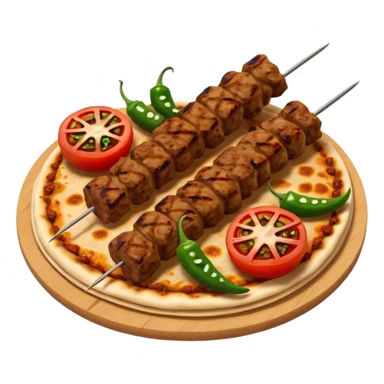 Adana kebab object icon, spicy grilled minced meat skewer, served on flatbread, grilled tomatoes and green peppers on the side, smoky char marks, juicy texture, 3D cartoon, mobile game icon style, centered, clean background, no text, no watermark
 sticker