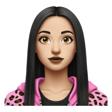 Hyperrealistic white girl with long black hair with a pink fringe and has eye makeup on, she is wearing a black and leopard print hoodie  sticker