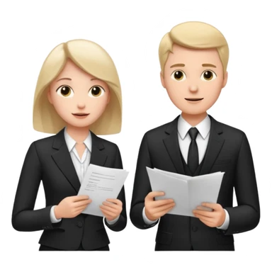 white man in formal suit talking to white woman in formal suit, they sit, papers in hands sticker