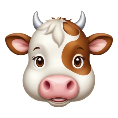 Cinematic Cute Brown and White Cow Portrait Emoji, Head tilted playfully and inquisitively, featuring a glossy, richly patterned hide of brown with striking white patches, round, sparkling brown eyes filled with gentle curiosity, Simplified yet irresistibly adorable features, highly detailed, glowing with a warm, friendly glow, high shine, affectionate and serene, stylized with a touch of country charm, bright and endearing, soft glowing outline, capturing the essence of a mischievous yet loving cow, so playful it feels like it could moo out of the screen and into your arms! sticker