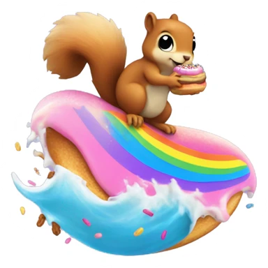 A squirrel surfing on a large blue wave with a donut with pink frosting and rainbow sprinkles in her hand sticker