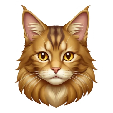 Cinematic Maine Coon Cat Portrait Emoji, Elegant and alert, sleek brown, gold, and cream tones, Simplified yet sharp features, highly detailed, glowing with a warm, confident glow, high shine, intelligent and poised, stylized with an air of grace, focused and attentive, soft glowing outline, capturing the essence of strength and grace, so lifelike it feels as though it could spring into motion with its majestic tail swishing at any moment! sticker