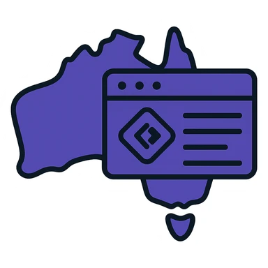 Integrate the official Microsoft Power Pages icon prominently into the map of Australia with digital web page overlay, use #403DAD as the main color, keep the modern and techy look, no text sticker