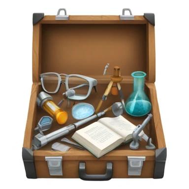 toolbox for scientist with a book, glasses, microscope sticker