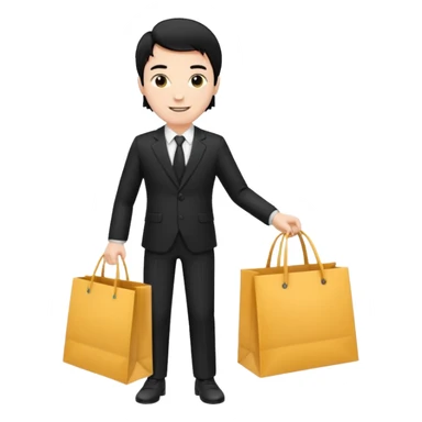 a white man black hair in a black suit with clothing shopping bag sticker