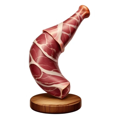 ​Cinematic Realistic Spanish Jamón Leg, depicted as a massive, cured leg of Jamón serrano (ham) with a deep reddish-brown hue, intricately marbled and slightly glossy with age, elegantly displayed on a rustic wooden stand and bathed in warm, soft lighting that accentuates its artisanal heritage, sticker