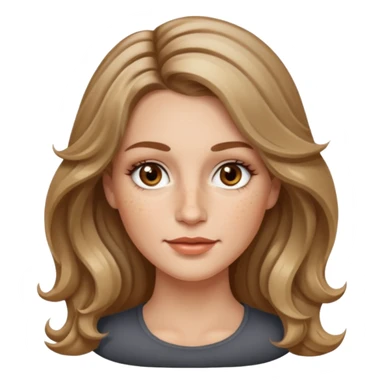 long dark Blond with highlights wavy hair white women, oval shape face hazel eyes long lashes little bit of freckles on the nose high cheek bones sticker