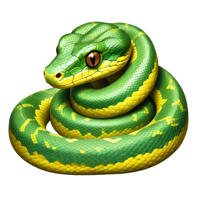 cinematic-green tree python-realistic-full-body-coiled-emoji,-thick-scaled-body-looped-tightly,-intricate-brown-and-gold-patterned-scales-reflecting-light,-head-tilted-dramatically,-slitted-eyes-staring-calmly,-simplified-yet-realistic-focused-feature sticker