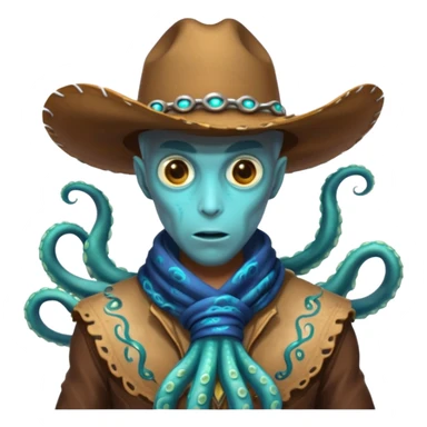 Close-up portrait of a tentacled alien cowboy, subtle glowing bioluminescent skin, tentacles partially hidden under a cowboy scarf, mysterious expression, dramatic shadow lighting, high detail, sci-fi western fusion
 sticker