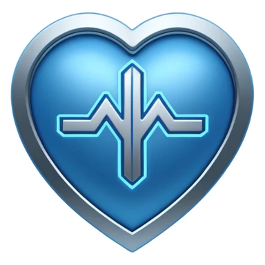 Futuristic premium medical AI logo emoji, sleek metallic heart or shield, ECG line forming stylized letters AI, neon blue and silver, 3D effect, glowing edges, minimal but bold, tech-savvy, high-tech healthcare branding, instantly recognizable, viral-ready, vector flat style with subtle shadows sticker