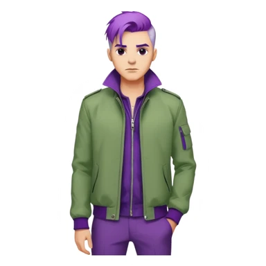 Confident man with purple hair and stylish green jacket, powerful stance like Thanos, modern fashion sticker