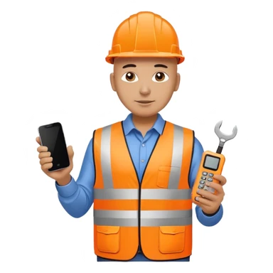 Bald Telecoms engineer in orange hi vis with white hard hat, phone and toolkit sticker