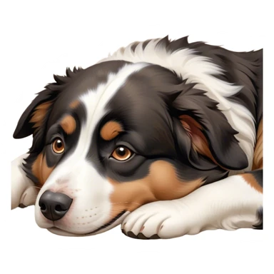 Cinematic Meme-Worthy Chubby Sleeping Tri-Color Australian Shepherd Portrait Emoji, Head resting peacefully with a contented smile, showcasing a delightfully chubby build and a luxuriously soft tri-color coat of bold black, crisp white, and warm tan, eyes shut in a serene nap, Simplified yet hilariously adorable features, highly detailed, glowing with a soft, drowsy light, high shine, relaxed and utterly lovable, stylized with an air of playful laziness, bright and heartwarming, soft glowing outline, capturing the essence of a comically sleepy Tri-Color Australian Shepherd, so meme-worthy it feels like it could instantly become the next viral sensation of adorable slumber! sticker