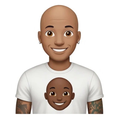 bald black man with full face tattoos, smiling, wearing a t-shirt sticker