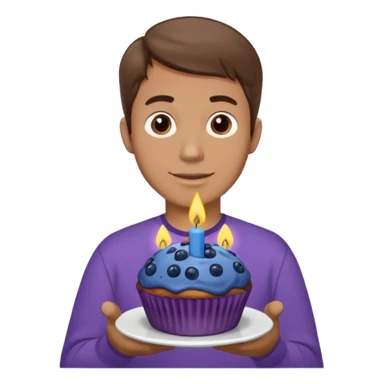 Make a white man with brown hair wearing a shirt that says happy b day Virginia holding a blueberry muffin with a birthday candle in it. Have him holding multiple muffins and no candles in hand. Have him wearing a purple shirt  sticker