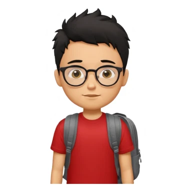 generate a pretty tan bratz boy with glasses and a backpack. black messy hair. wearing a red tshirt. sticker