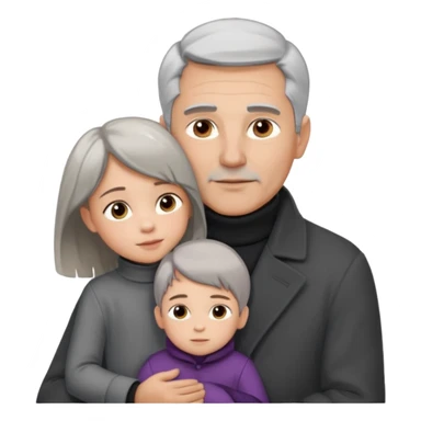 A father with silver-grey hair styled neatly and a clean-shaven face, wearing a dark turtleneck and wool coat, holding his girl child gently. The child has light brown hair and a soft white dress. Warm cinematic lighting, emotional close-up. sticker