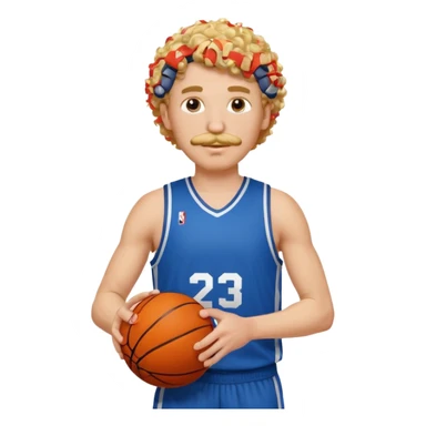 white blonde curly hair man basketball player blue jersey with mustache holding basket ball sticker
