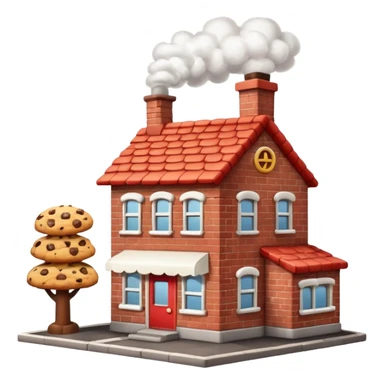 Small cartoon-style bakery factory with a red brick base, a single chimney puffing white smoke, cookie crates outside, emoji-style sticker