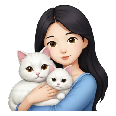 A asia girl with long dark hair and a white fluffy cat is lying on her left shoulder and neck sticker