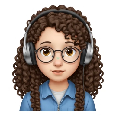 brunette kid with unique face features and very curly long hair kid girl neutral and very big nose and ears and dark eyes with freckles kind of nerd looking and headphone wearing no glassess just nose piercing very big one and evebrow piercing sticker