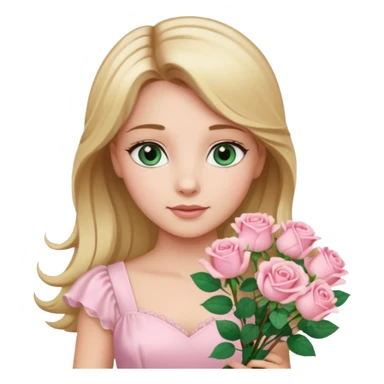 A beautiful princess with blue green eyes and light brown hair and blonde streaks wearing a light pink dress and holding a bouquet of light pink roses  sticker