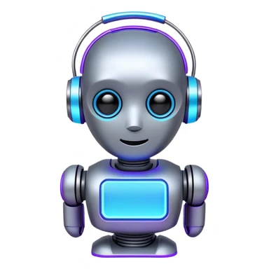 chatbot robot in gray color, with neon glow lines, blue neon glow on top left, purple neon glow on bottom right sticker