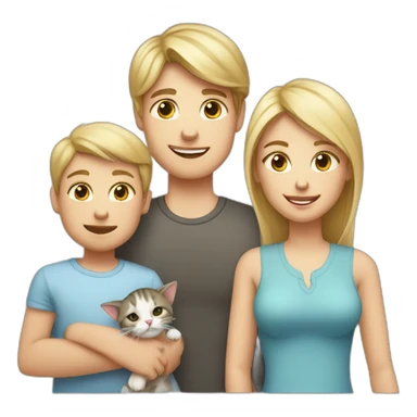 family with blond mother with straight blond hair, baby son with blond hair, brindle cat and white cat with gray spots sticker