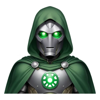 Doctor Doom standing with glowing green eyes visible through his metal mask, wearing green cloak sticker