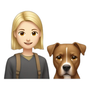 Young blonde man and Chinese lady with brown Staffordshire terrier dog sticker