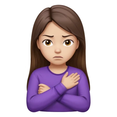 Angry Pouty girl with small asian eyes folding arms in a purple longsleeve shirt she has fair skin and long length brown hair with highlights sticker