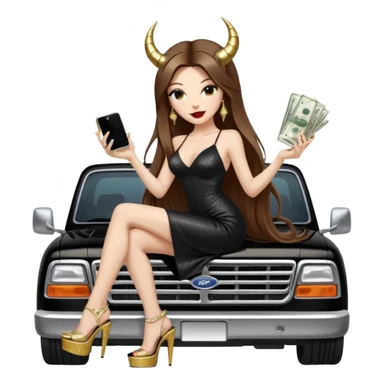 Sensual queen long brown straight haired sexy drug lord woman with  glitter platform high heels on her feet,  and devil black horns on her head, holding a stack of cash, has a phone in other hand. Sitting on the hood of a  gold ford350 pickup truck  full of drugs, long black dress with sexy slit sticker