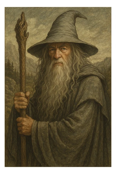 Gandalf the Grey, a wise old wizard with a long beard, pointy hat, and staff, fantasy illustration style sticker