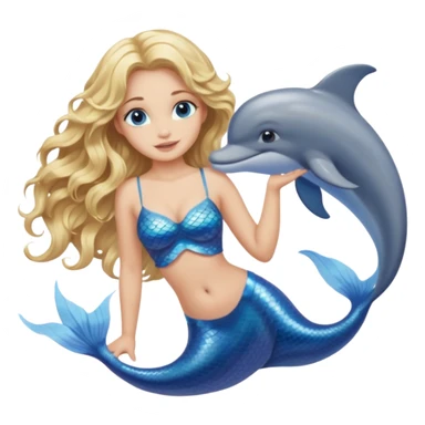 Adult mermaid with blonde wavy hair, light skin, with a dolphin sticker