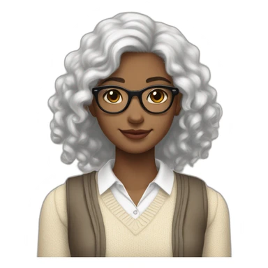 smiling dark skin indian teenage girl with black curly hair and glasses wearing a collared long sleeve white shirt under a beige v shaped collar sweatervest with no buttons sticker