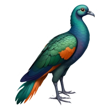 Nicobar pigeon with iridescent blue-green feathers, long neck feathers, bright orange beak, and white tail sticker