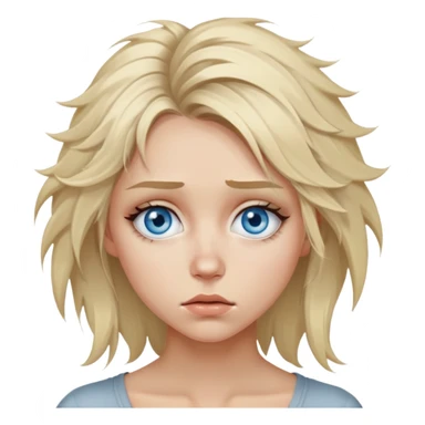 A sexy blue eyes Blonde depressed and sad girl emoji, messy hair and with eyebags, sad face against a grey background sticker