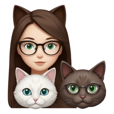 O fata cu parul saten lung ,ochii gri-albastrii ,ochelari și codițe de pisica ..și langa o pisicuță total  alba pufoasa ,cu ochii verzi și o a doua pisica siameza pufoasa cu capul maro inchis-negru și coada ,restul corpului un maro deschis spre alb  cu ochii albaștrii. sticker