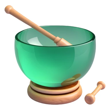 green crystal singing bowl with a mallet in it, clear and elegant, focus on the bowl and mallet sticker