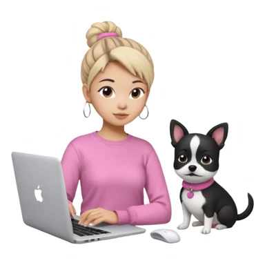 Asian girl with messy bun hair, wearing a white t-shirt, working on an Apple laptop, next to her is a small black and white dog in pink sweater sticker