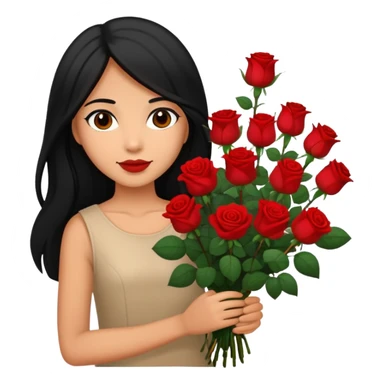 A girl with long black hair holding a bouquet of roses sticker