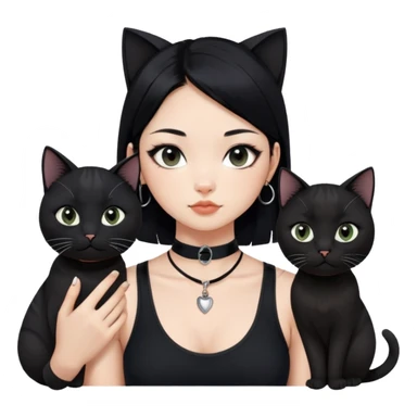 Asian girl, black hair.  Holding two BLACK cats with one cat has a round fat face. Both pure black.  The girl also wearing a black singlet, a black chocker, silver round hook earring, and wearing eyeliner.  sticker