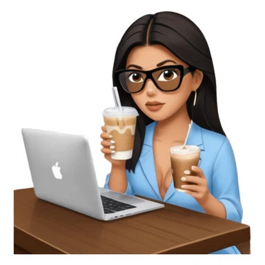 Kourtney Kardashian sitting learning on macbook in her luxury summer home, she has Rhode under eye patches and she's drinking iced latte sticker