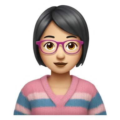 A Short hair asian girl with blue pink stripe knit with glasses on is studying sticker