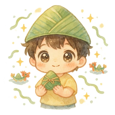 kawaii chibi boy with big sparkling eyes, wearing a rice dumpling hat and holding a mini zongzi, surrounded by tiny dragon boats, floating ribbons, star sparkles, soft pastel background, watercolor style, fluffy and soft lines sticker